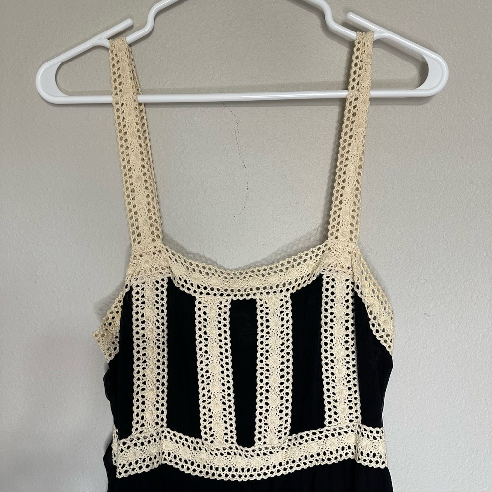 Vintage 100% Whimsigoth Silk Black Dress with Crochet Straps and Details. Size 8 - Picture 2 of 8